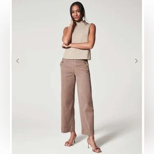 SPANX Stretch Twill Cropped Wide Leg Pants Brown XS High Rise Elastic Waist